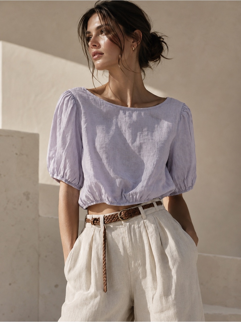 Bellambra Linen Blend Puff Sleeve Crop Top Lilac Elastic Hem NWT Size L